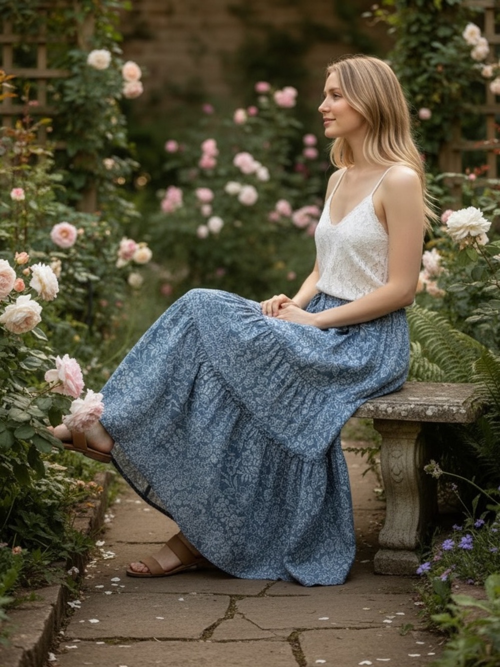 LAUREN RALPH LAUREN TIERED PRAIRIE SKIRT DRAWSTRING CHAMBRAY FLORAL MAXI MEDIUM - Picture 2 of 13
